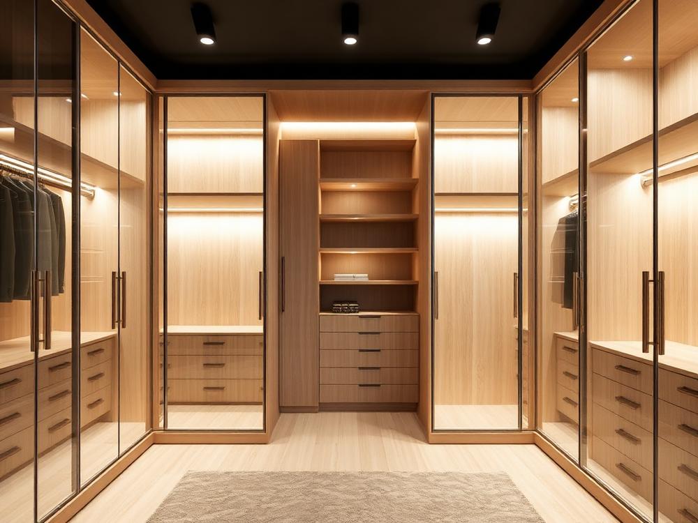 Closet iluminado com portas de vidro